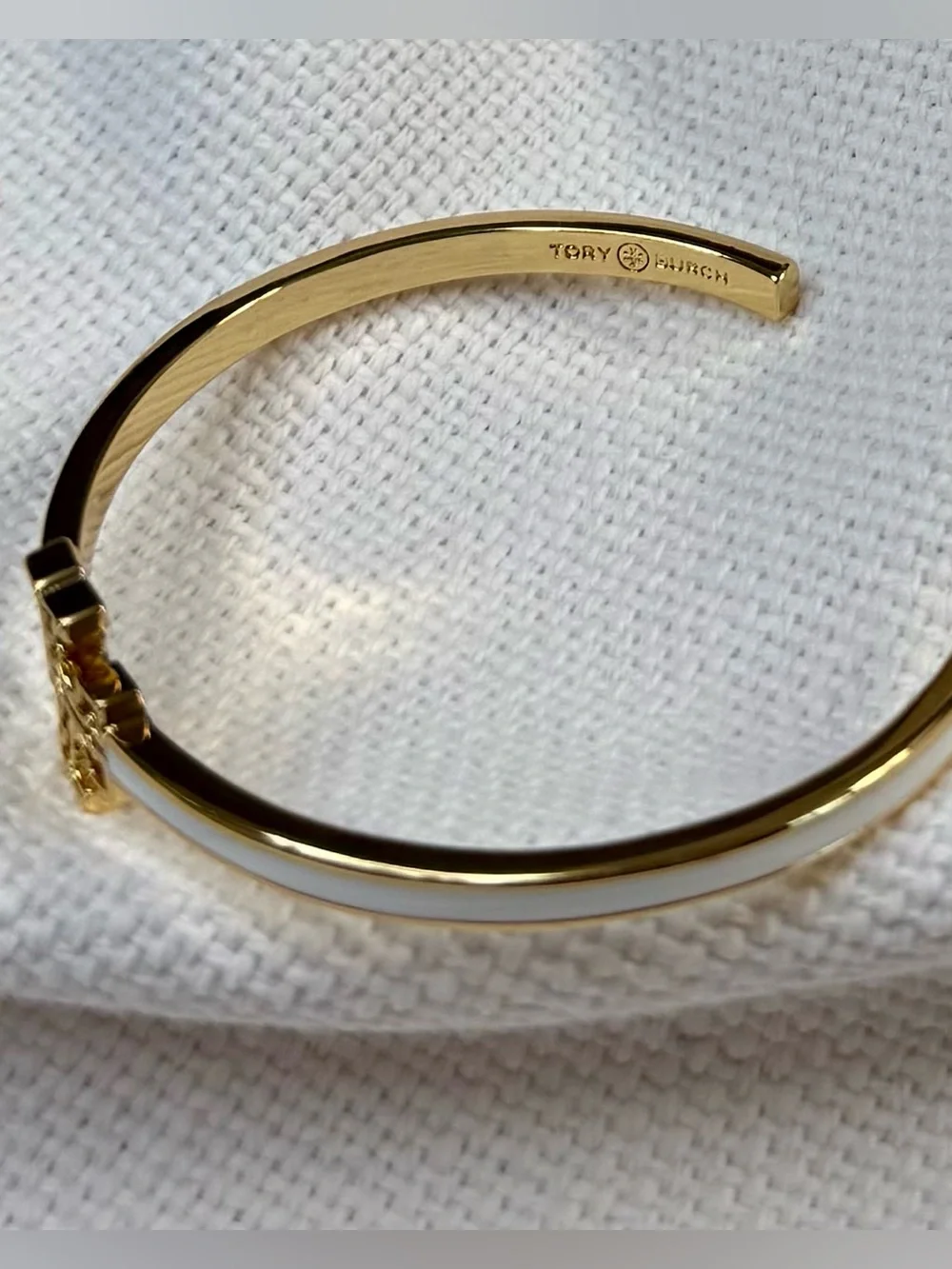 Tory Burch Gold Tone Logo White Enamel Cuff Bracelet
